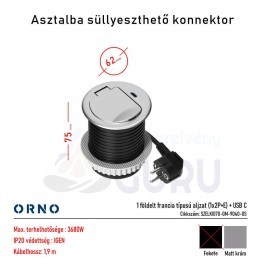 Bútorba süllyeszthető konnektor USB-C-vel – Ø6 cm, ezüst (1 aljzat + USB, 3680W)