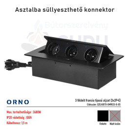 Asztalba süllyeszthető konnektor, fekete, kerekített széllel