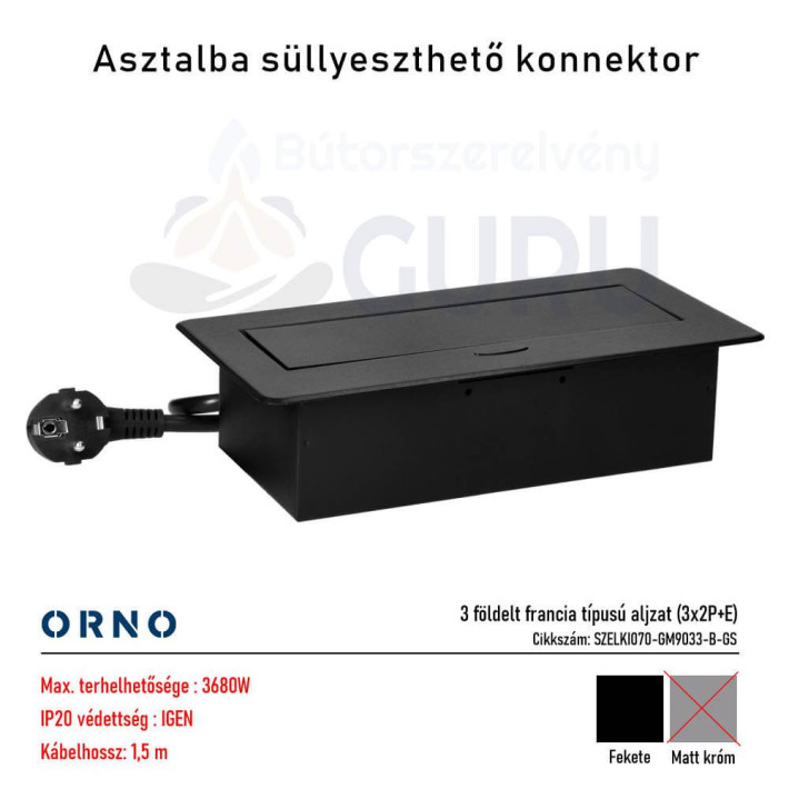 Asztalba süllyeszthető konnektor, fekete, kerekített széllel