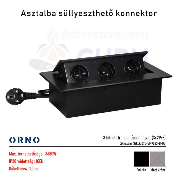 Asztalba süllyeszthető konnektor, fekete, kerekített széllel