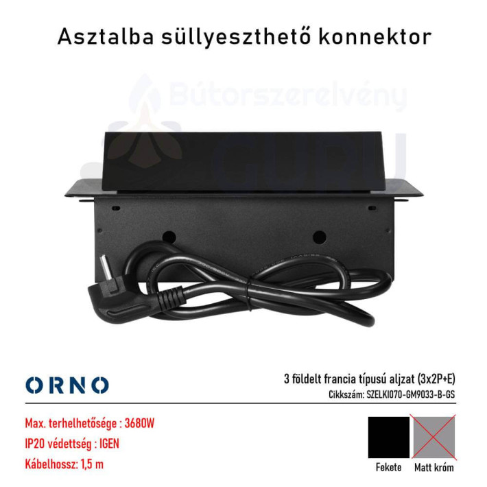 Asztalba süllyeszthető konnektor, fekete, kerekített széllel