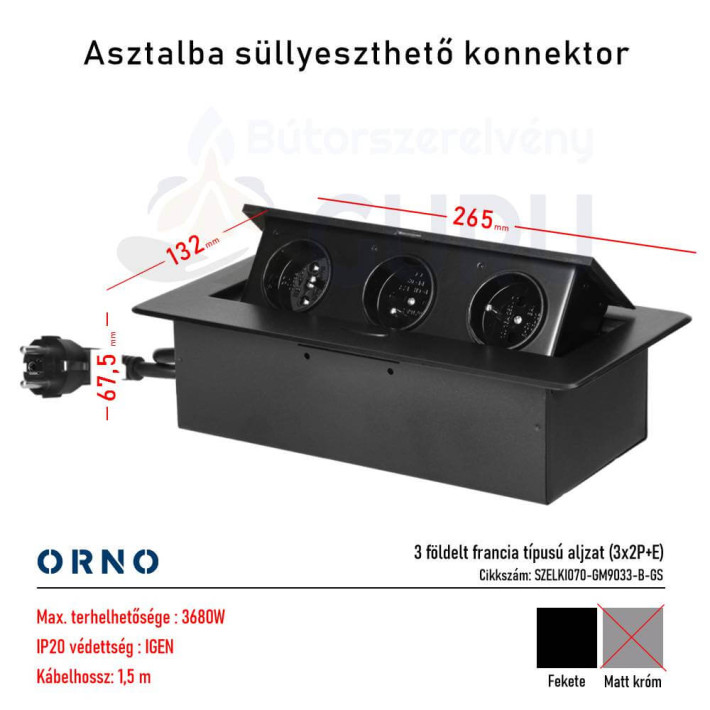 Asztalba süllyeszthető konnektor, fekete, kerekített széllel