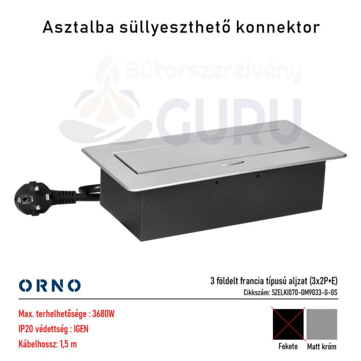Asztallapba építhető konnektor ezüst, kerekített széllel 