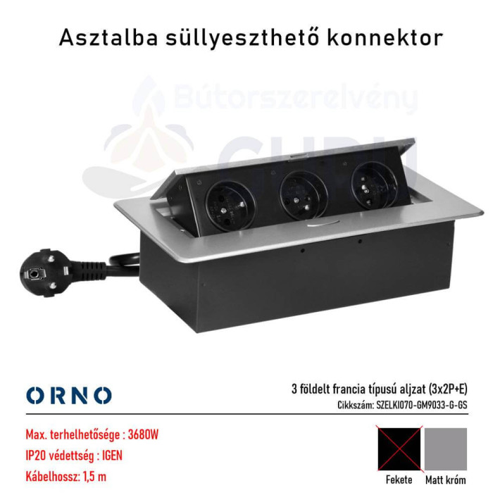 Asztallapba építhető konnektor ezüst, kerekített széllel 