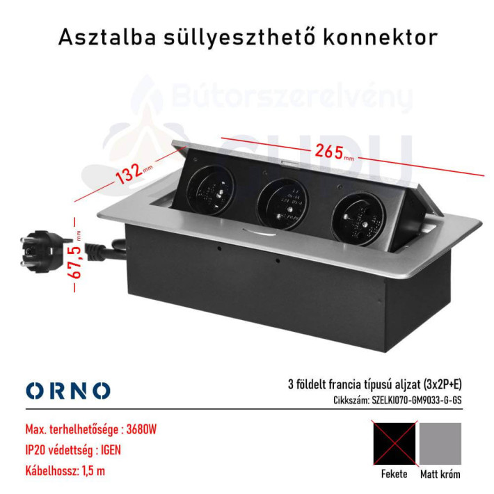Asztallapba építhető konnektor ezüst, kerekített széllel 
