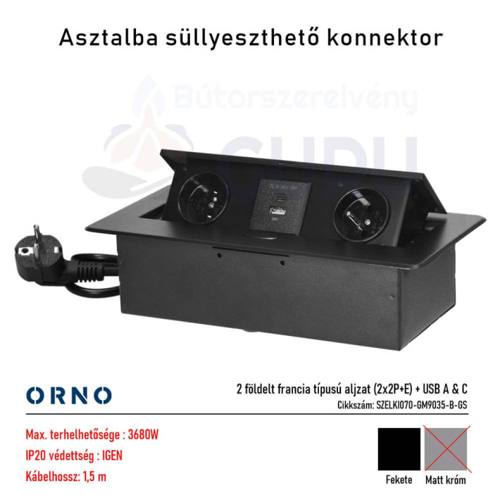 Bútorba süllyeszthető konnektor USB-vel – fekete (2x aljzat + USB A & C)