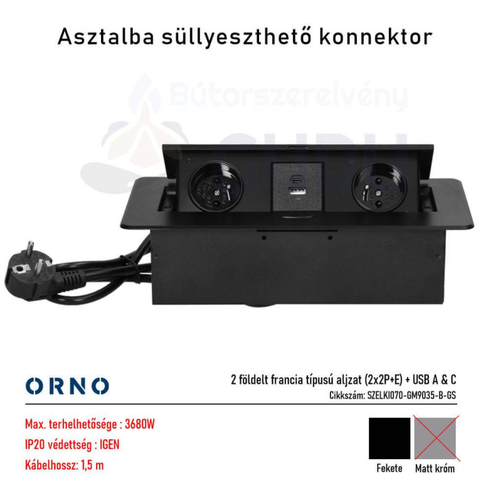 Bútorba süllyeszthető konnektor USB-vel – fekete (2x aljzat + USB A & C)