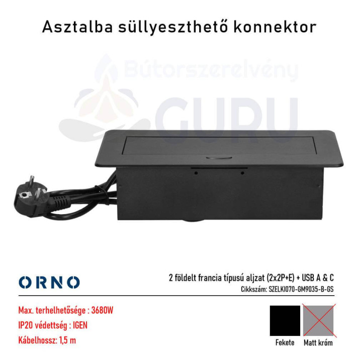 Bútorba süllyeszthető konnektor USB-vel – fekete (2x aljzat + USB A & C)