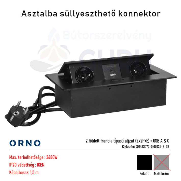 Bútorba süllyeszthető konnektor USB-vel – fekete (2x aljzat + USB A & C)