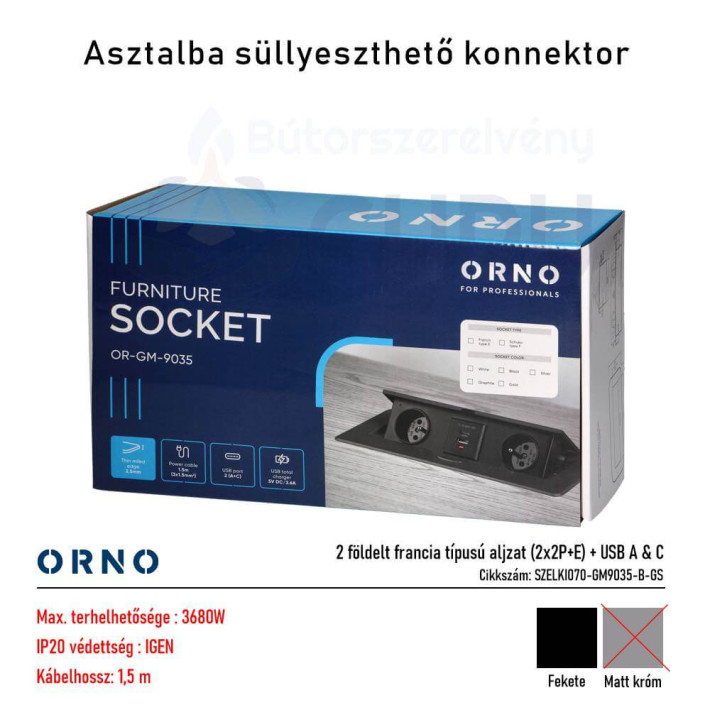 Bútorba süllyeszthető konnektor USB-vel – fekete (2x aljzat + USB A & C)