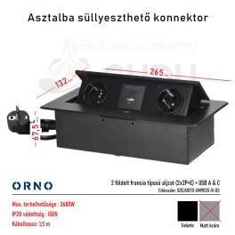 Bútorba süllyeszthető konnektor USB-vel – fekete (2x aljzat + USB A & C)