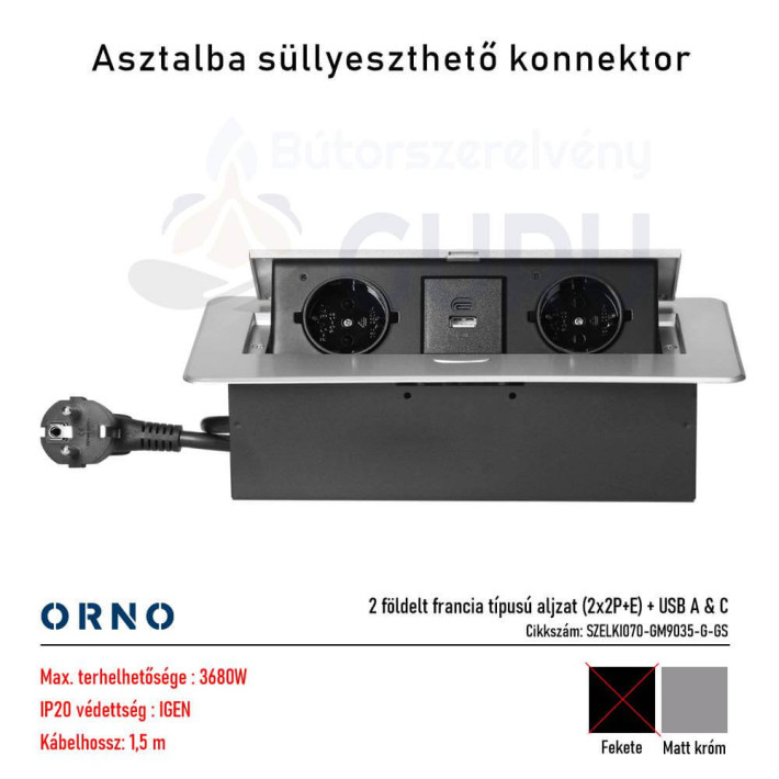 Bútorba süllyeszthető konnektor USB-vel – matt króm (2x aljzat + USB A & C)