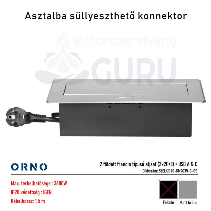 Bútorba süllyeszthető konnektor USB-vel – matt króm (2x aljzat + USB A & C)