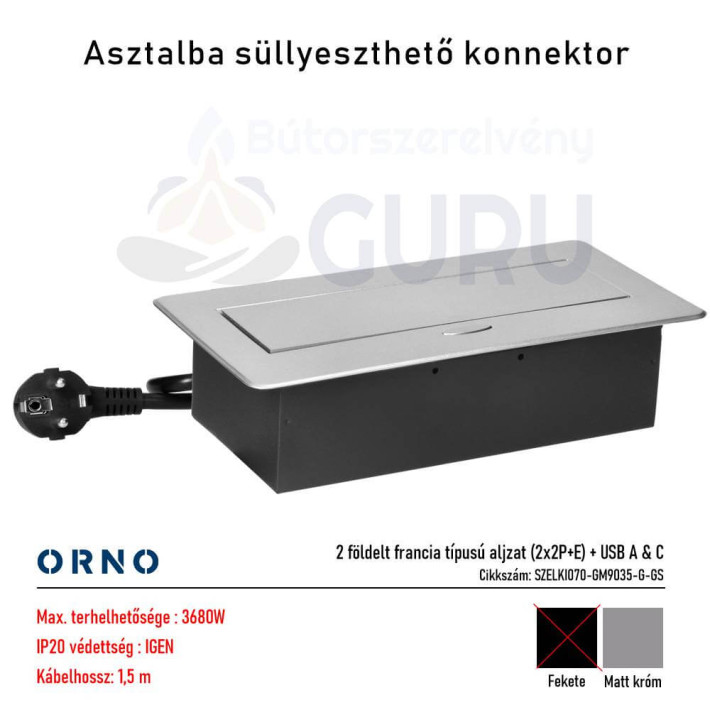 Bútorba süllyeszthető konnektor USB-vel – matt króm (2x aljzat + USB A & C)