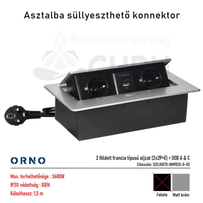 Bútorba süllyeszthető konnektor USB-vel – matt króm (2x aljzat + USB A & C)