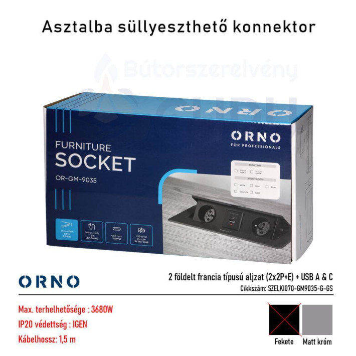 Bútorba süllyeszthető konnektor USB-vel – matt króm (2x aljzat + USB A & C)