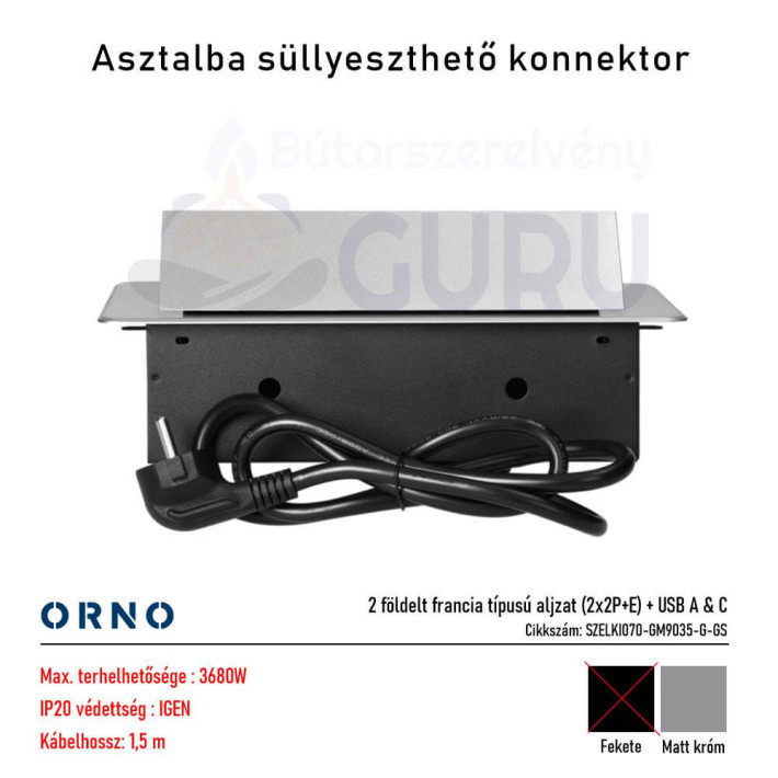 Bútorba süllyeszthető konnektor USB-vel – matt króm (2x aljzat + USB A & C)