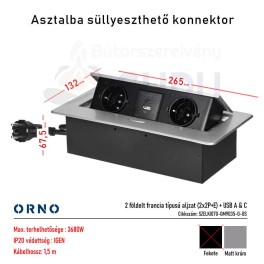 Bútorba süllyeszthető konnektor USB-vel – matt króm (2x aljzat + USB A & C)