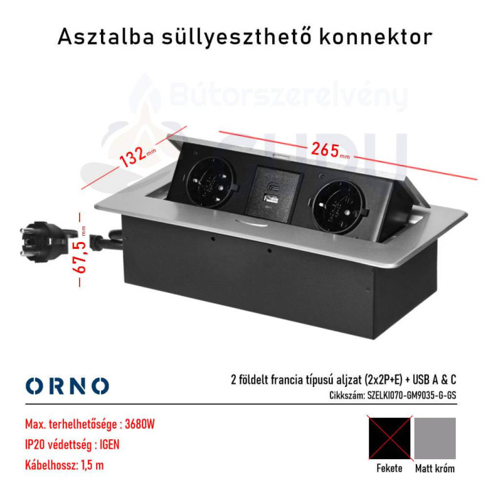 Bútorba süllyeszthető konnektor USB-vel – matt króm (2x aljzat + USB A & C)