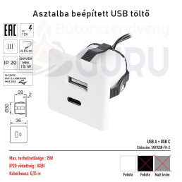 Asztalba beépített USB töltő Fehér USB A és USD C
