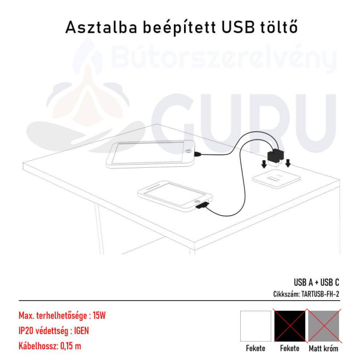Asztalba beépített USB töltő Matt króm USB A és USD C