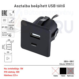 Asztalba beépített USB töltő Fekete USB A és USD C
