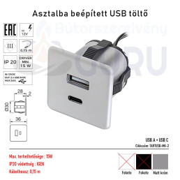 Asztalba beépített USB töltő Matt króm USB A és USD C
